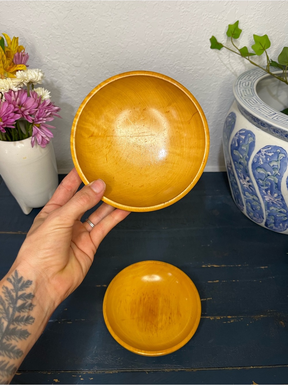 Vintage Wooden Serving Bowls Set - Golden Amber